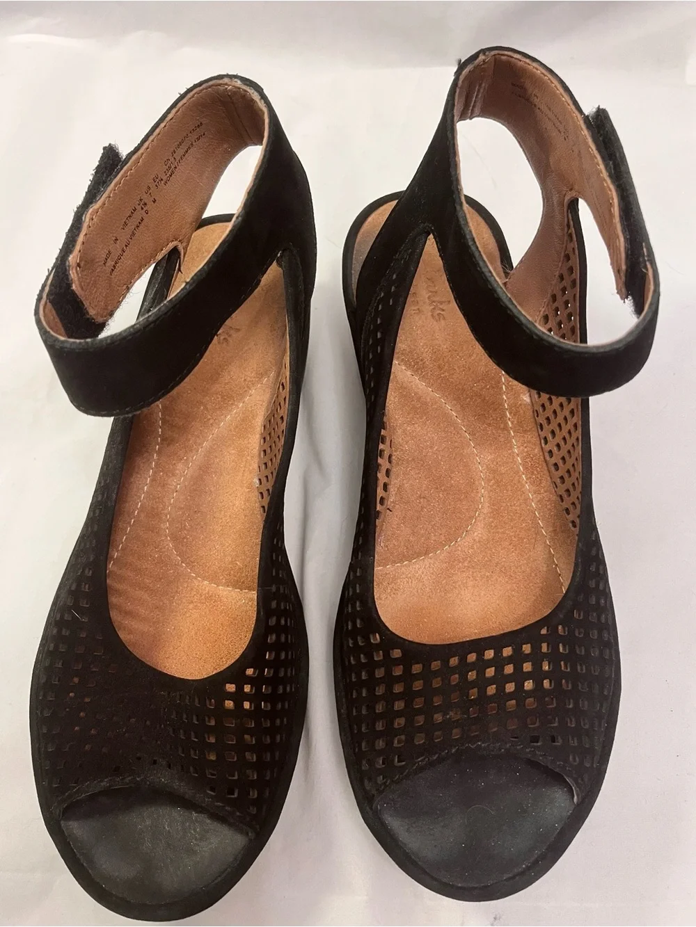 Clarks Reedly Salene Women's Black Suede Peep-Toe Ankle Strap Wedge